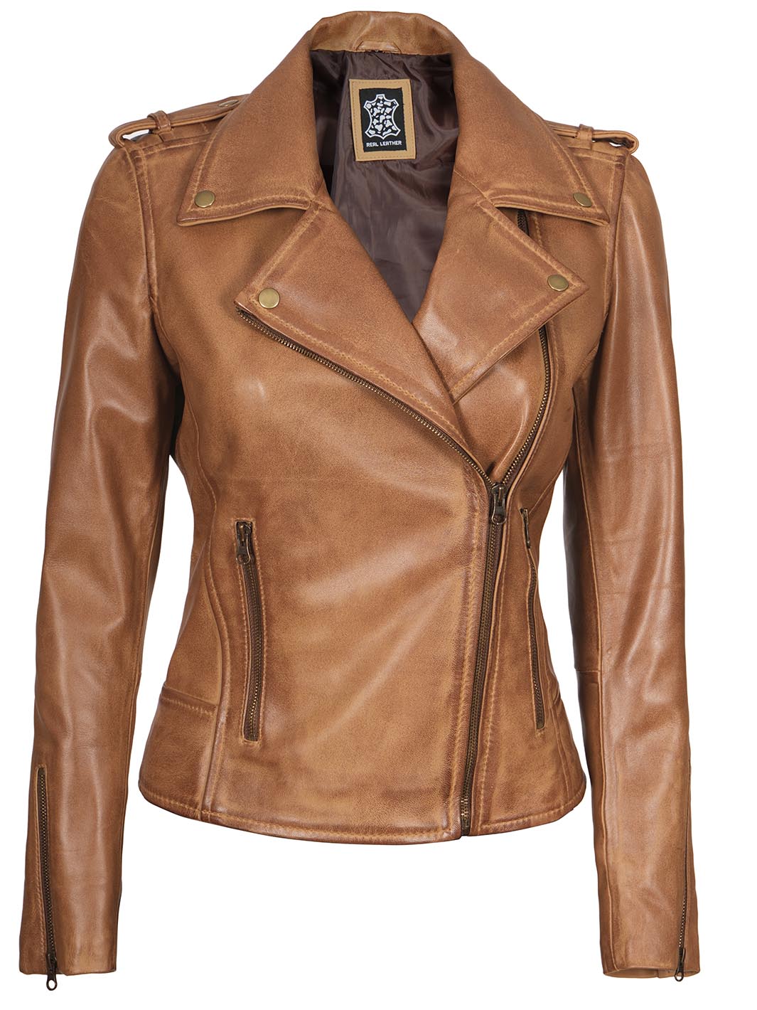 Kirsten Womens Asymmetrical Camel Brown Leather Jacket - Image 5