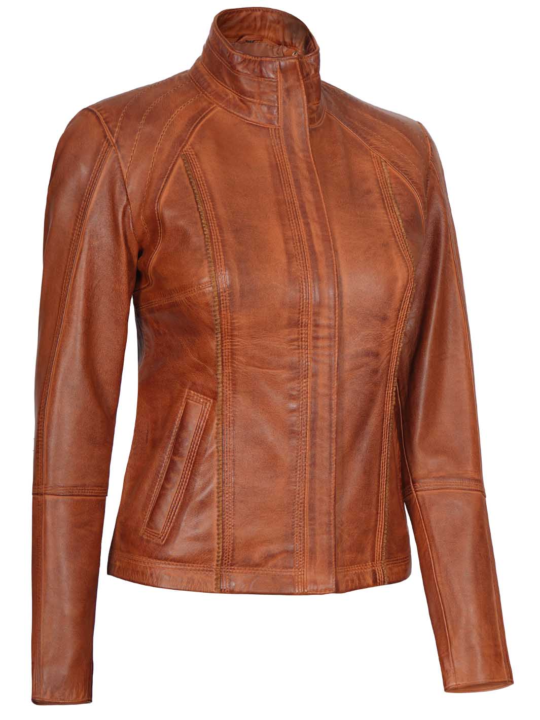 Acerra Womens Cognac Cafe Racer Biker Leather Jacket - Image 5
