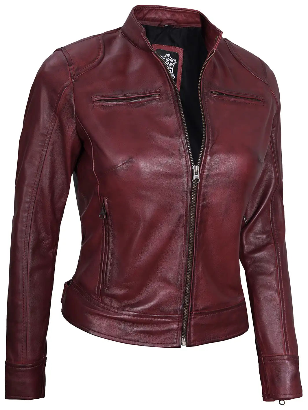 Dodge Womens Maroon Cafe Racer Leather Jacket - Image 5