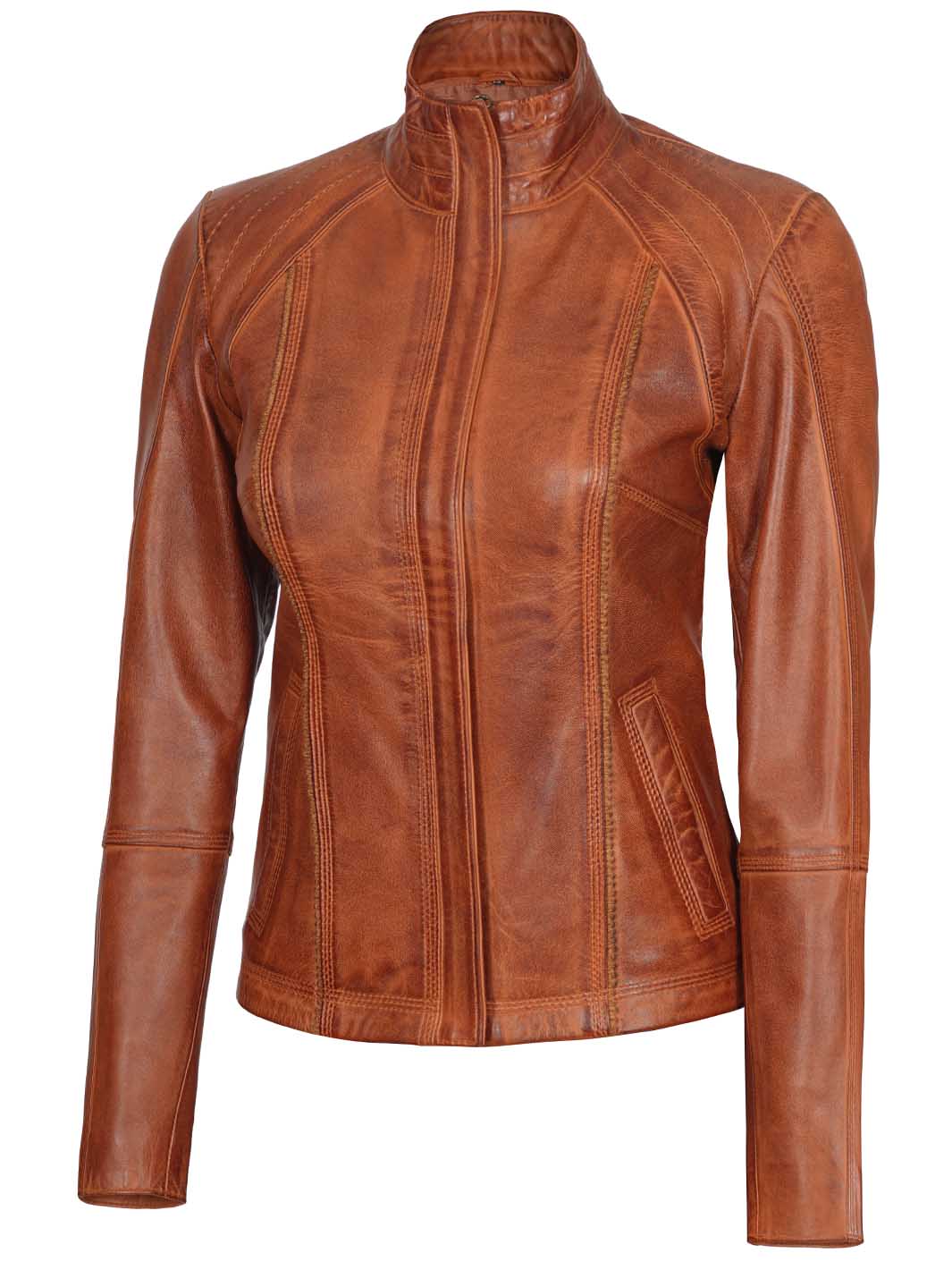 Acerra Womens Cognac Cafe Racer Biker Leather Jacket - Image 7
