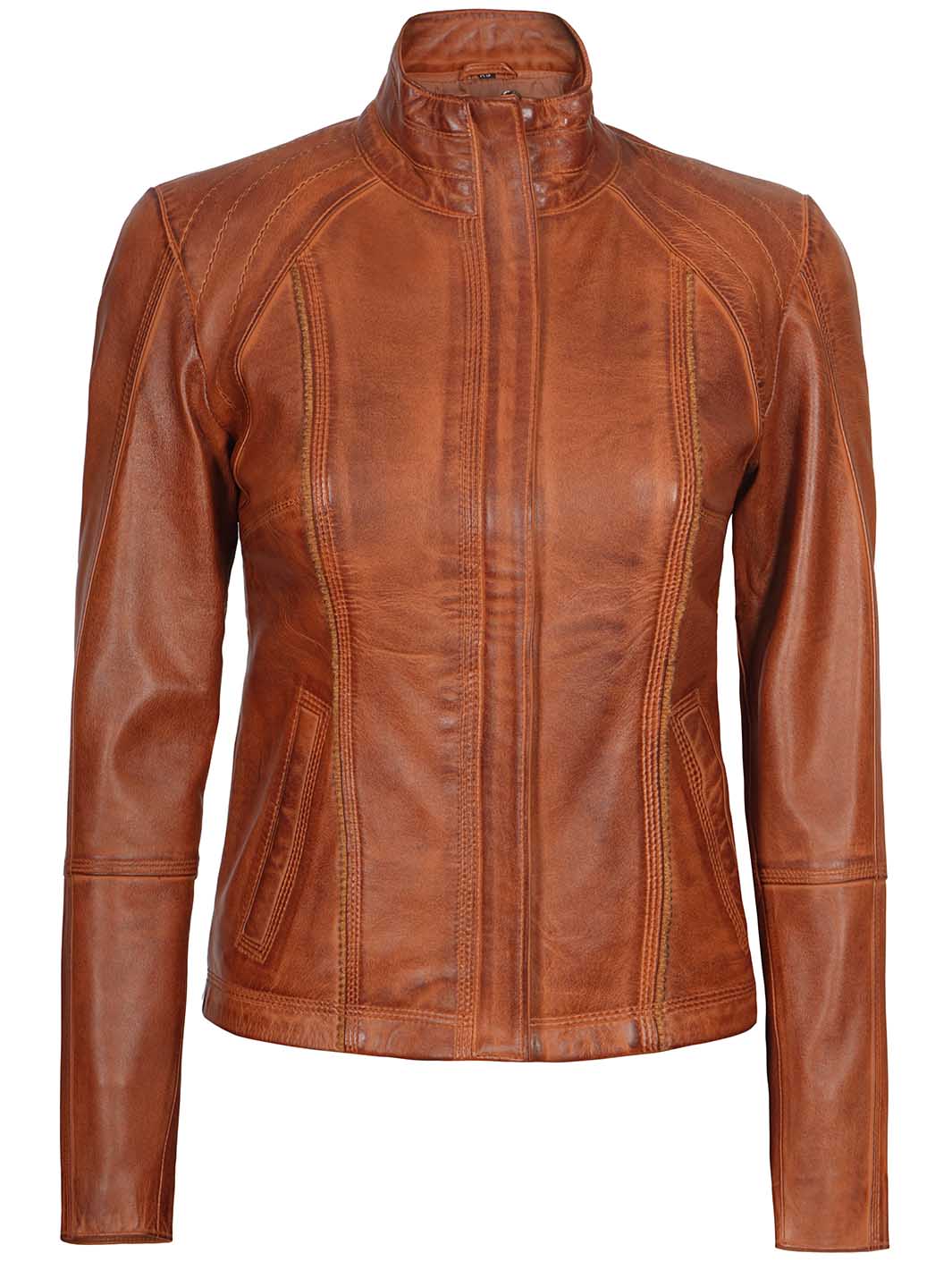 Acerra Womens Cognac Cafe Racer Biker Leather Jacket - Image 6