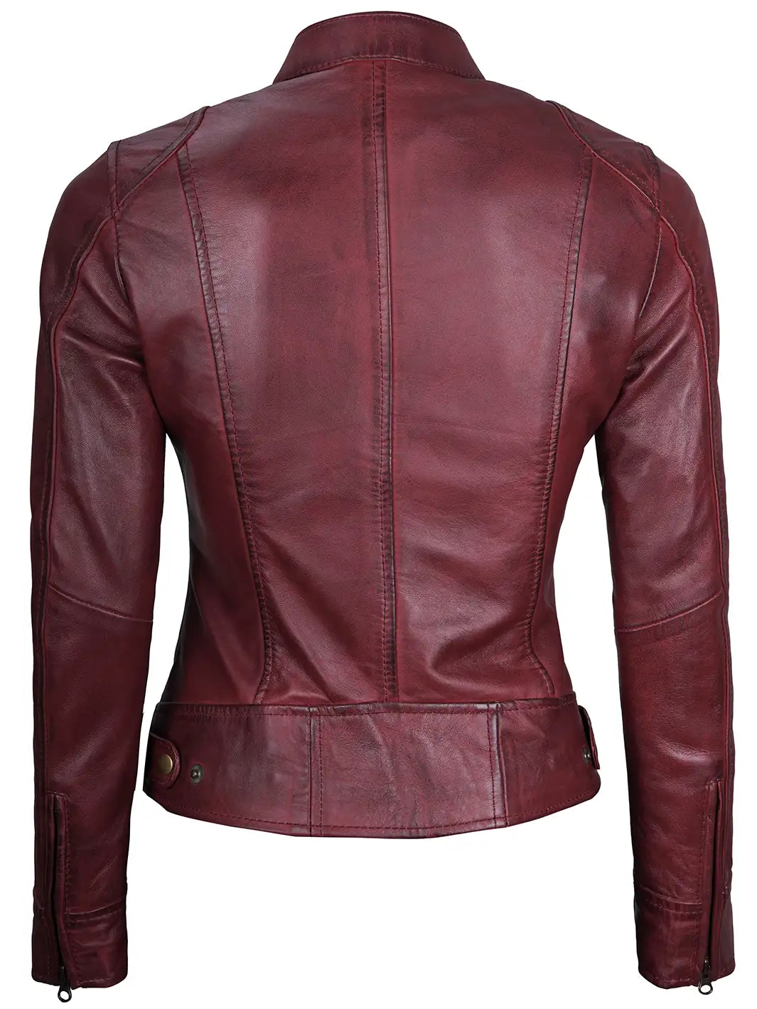 Dodge Womens Maroon Cafe Racer Leather Jacket - Image 2