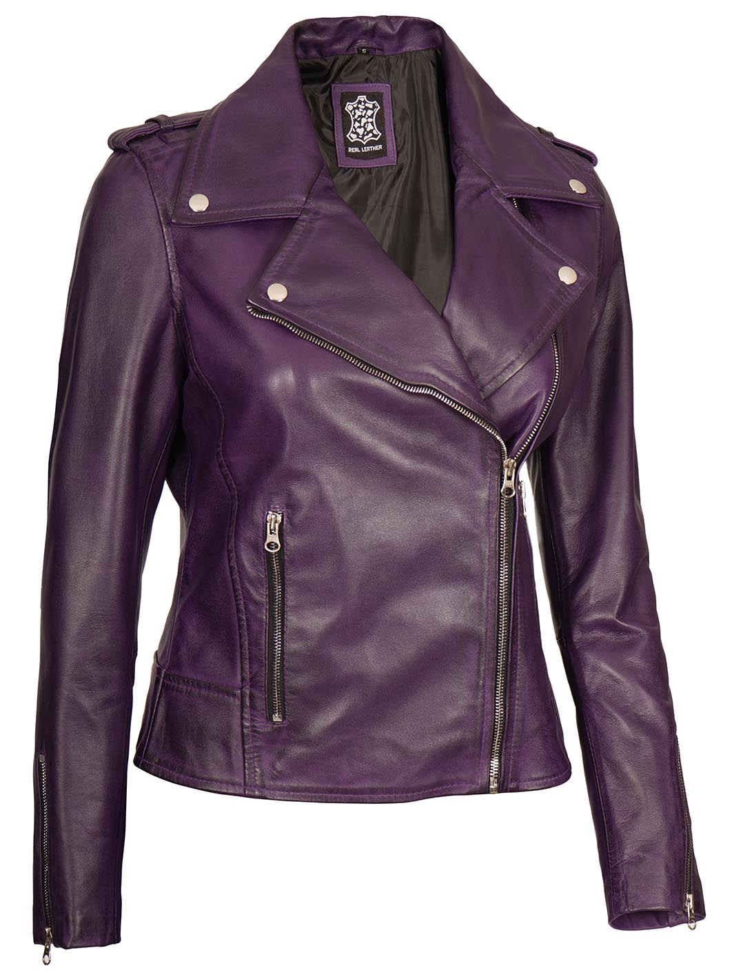 Kirsten Women's Asymmetrical Cafe Racer Purple Leather Jacket - Image 7