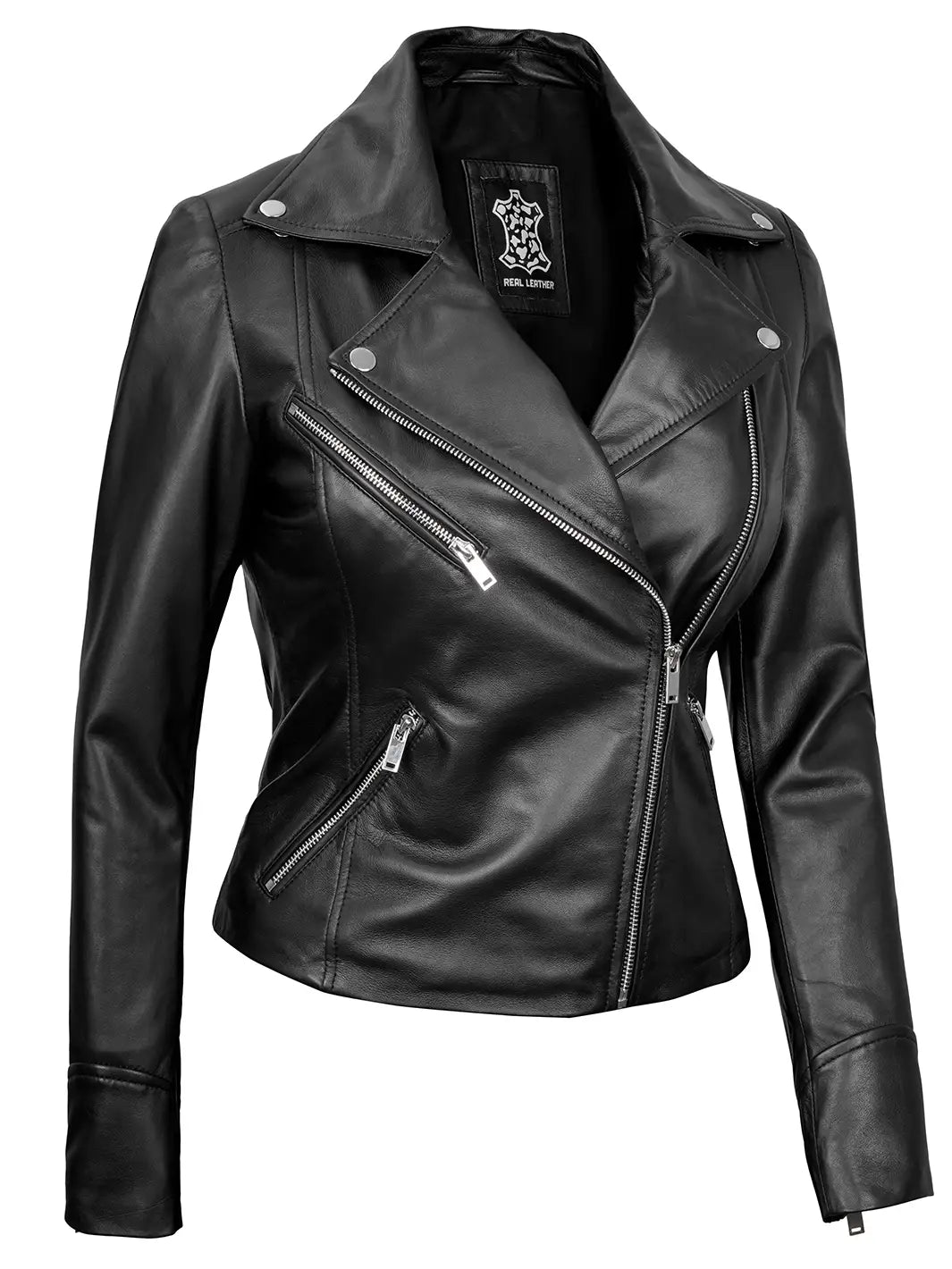 Ninfa Women's Black Asymmetrical Biker Leather Jacket - Image 5
