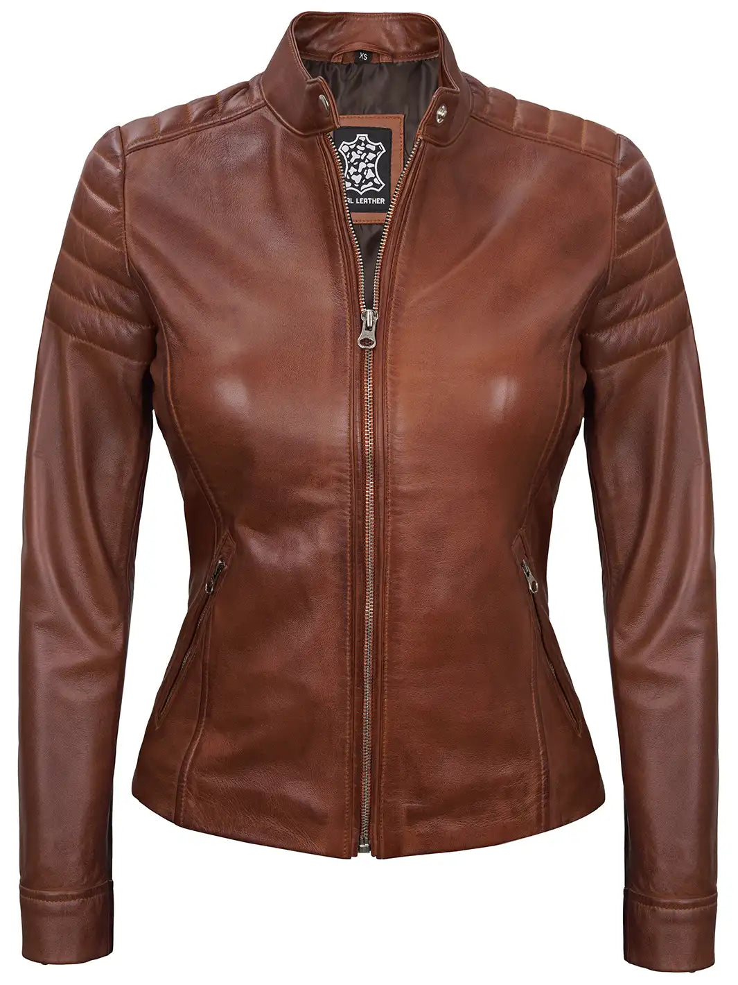 Carrie Women Cognac Brown Cafe Racer Leather Jacket - Image 5