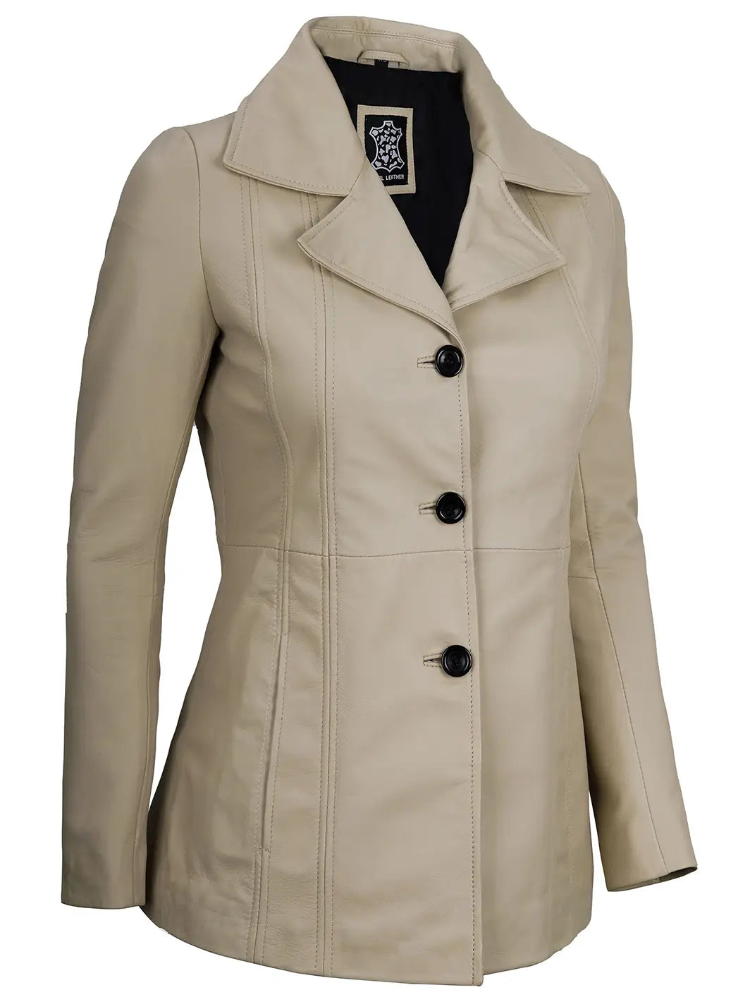 Women Beige Leather Blazer - Image 5