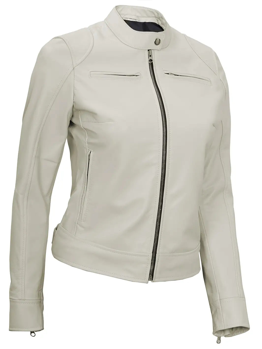 Dodge Women's Off White Cafe Racer Motorcycle Leather Jacket - Image 5