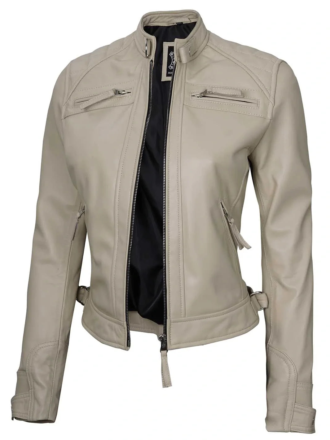 Johnson Women Beige Cafe Racer Leather Jacket
