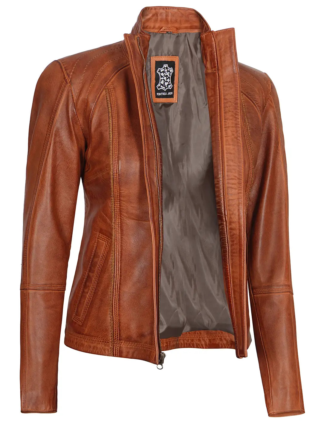 Acerra Womens Cognac Cafe Racer Biker Leather Jacket - Image 4