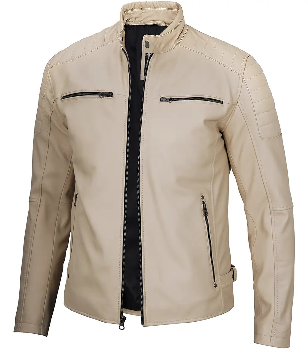 Felix Beige Cafe Racer Leather Jacket