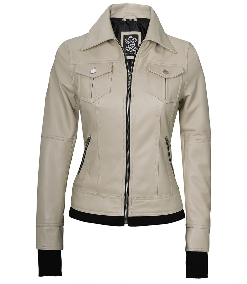 Women's Beige Motorcycle Leather Jacket with Hood - Image 3