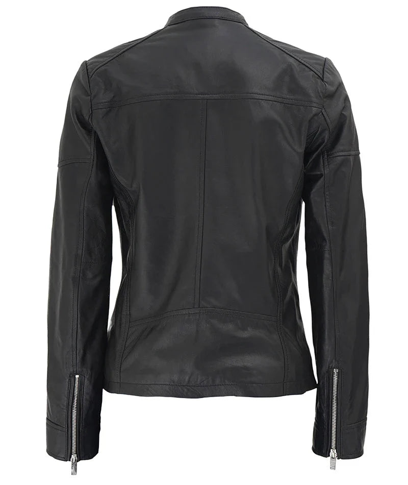 Maude Women's Black Textured Cafe Racer Leather Jacket - Image 2