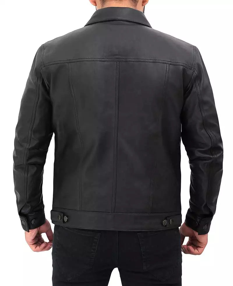 Fernando Mens Black Leather Trucker Jacket - Image 3