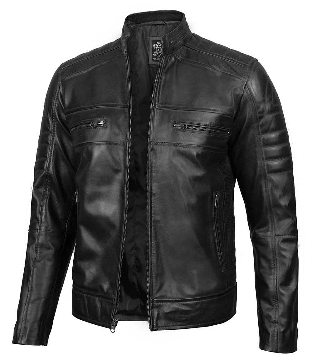 Austin Mens Black Cafe Racer Leather Jacket