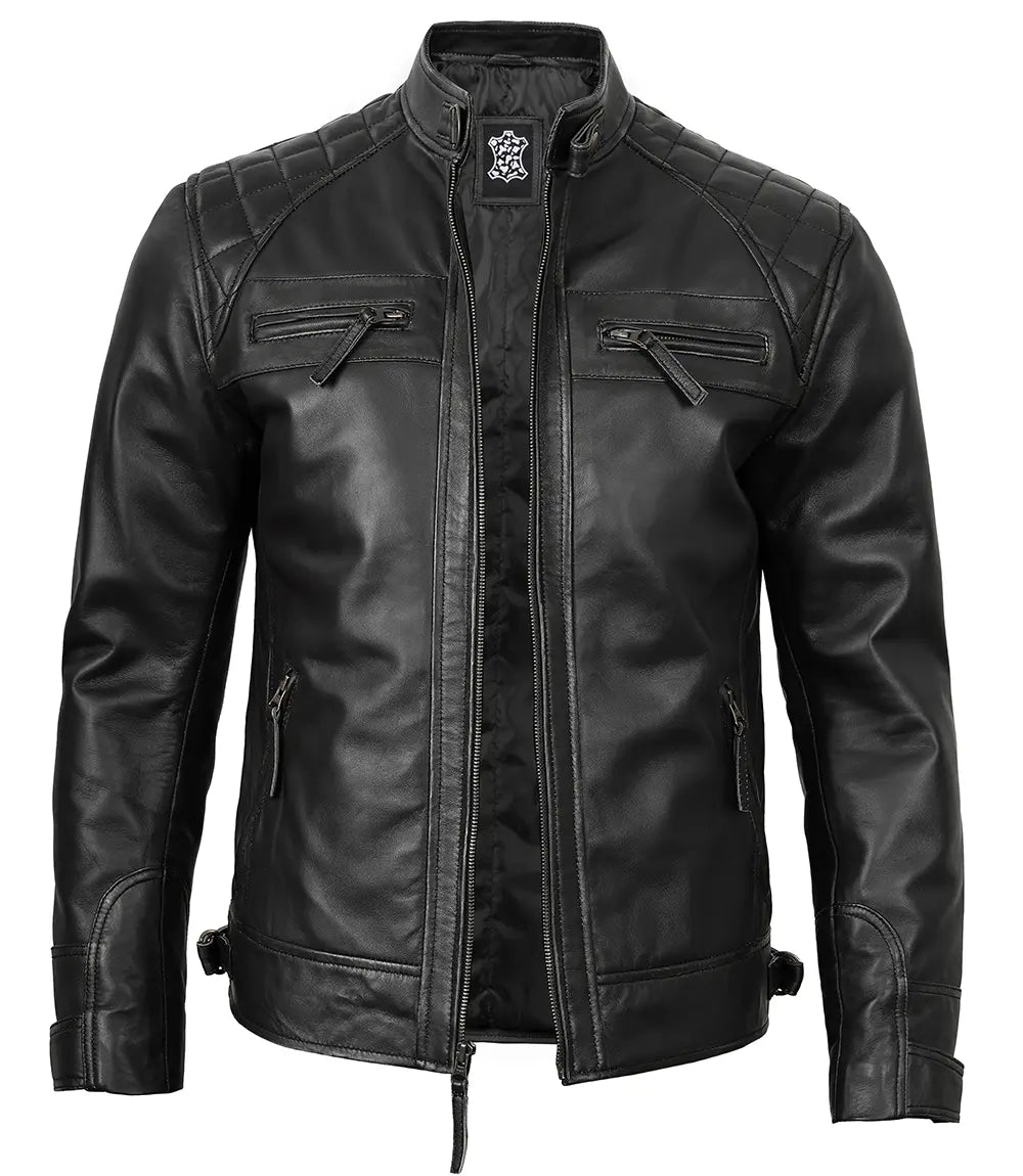 Johnson Mens Black Quilted Cafe Racer Leather Jacket - Image 3