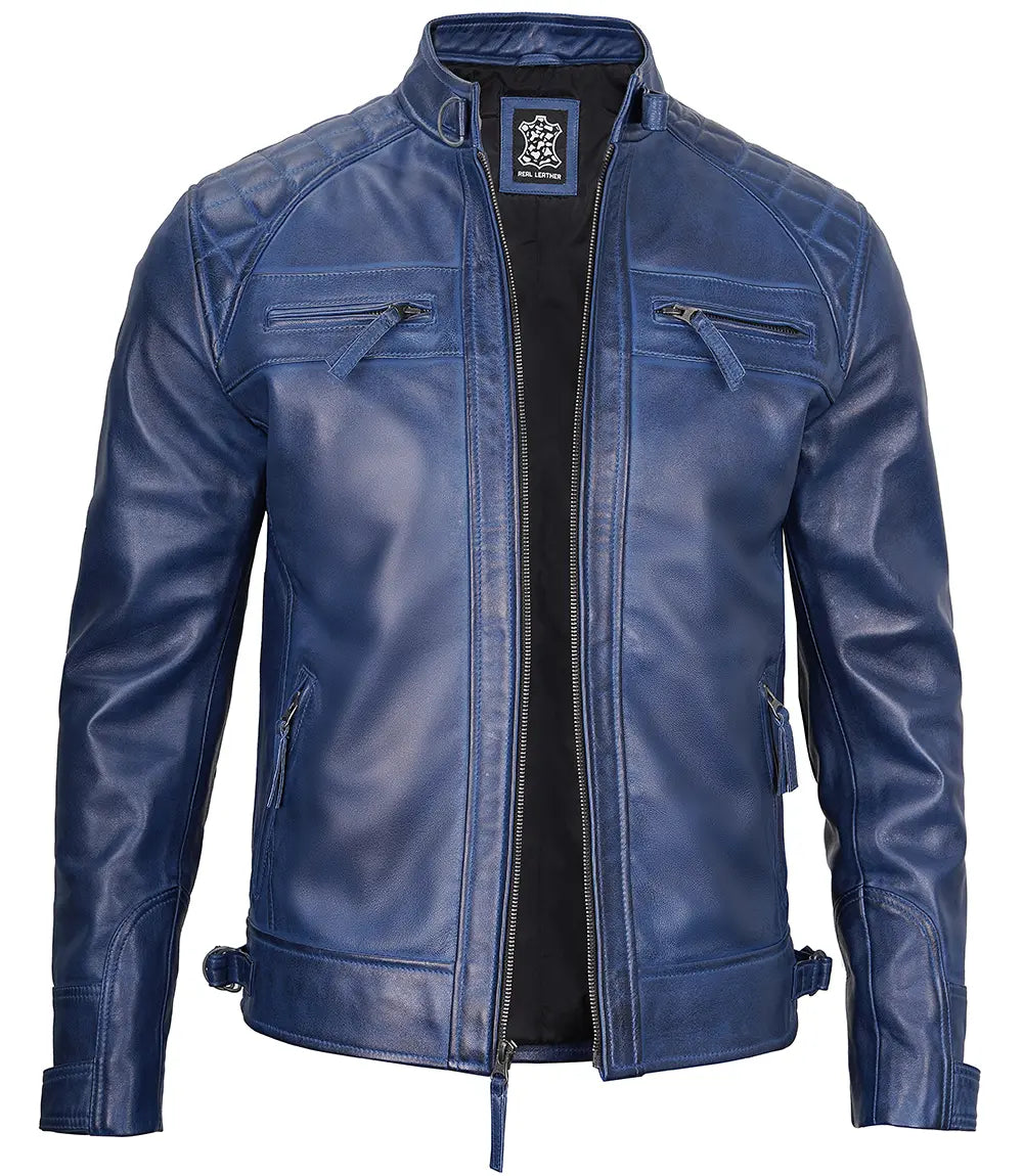 Diamond Blue Wax Cafe Racer Leather Jacket - Image 3