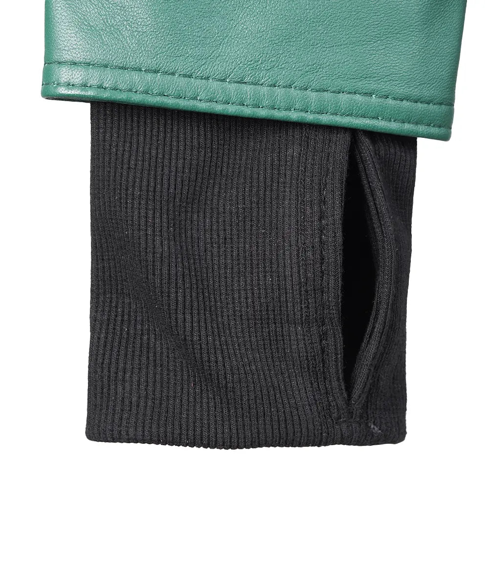 Womens Biker Green Leather Jacket with Hood - Image 8