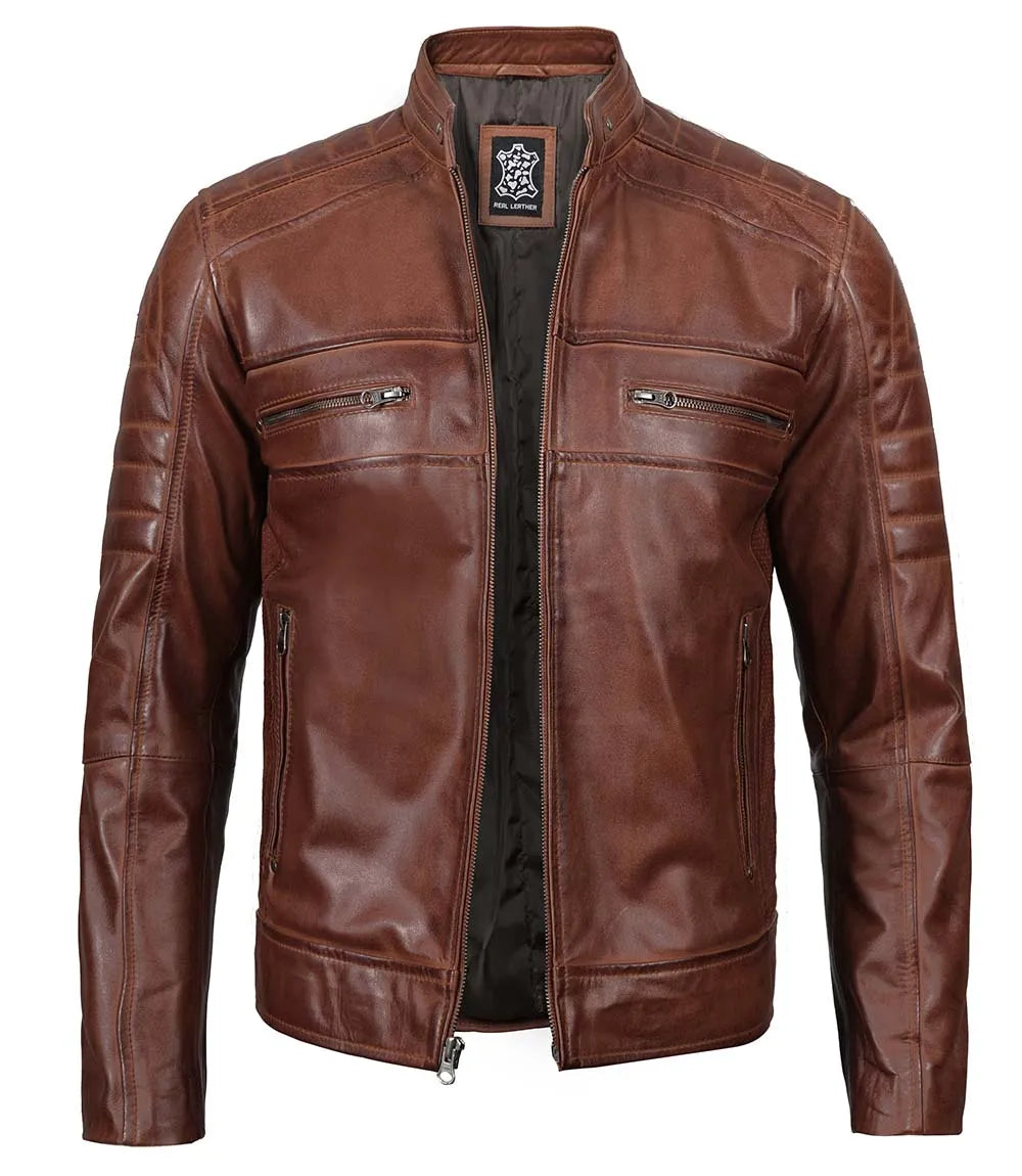 Tall Men's Cognac Brown Distressed Leather Cafe Racer Jacket - Image 3