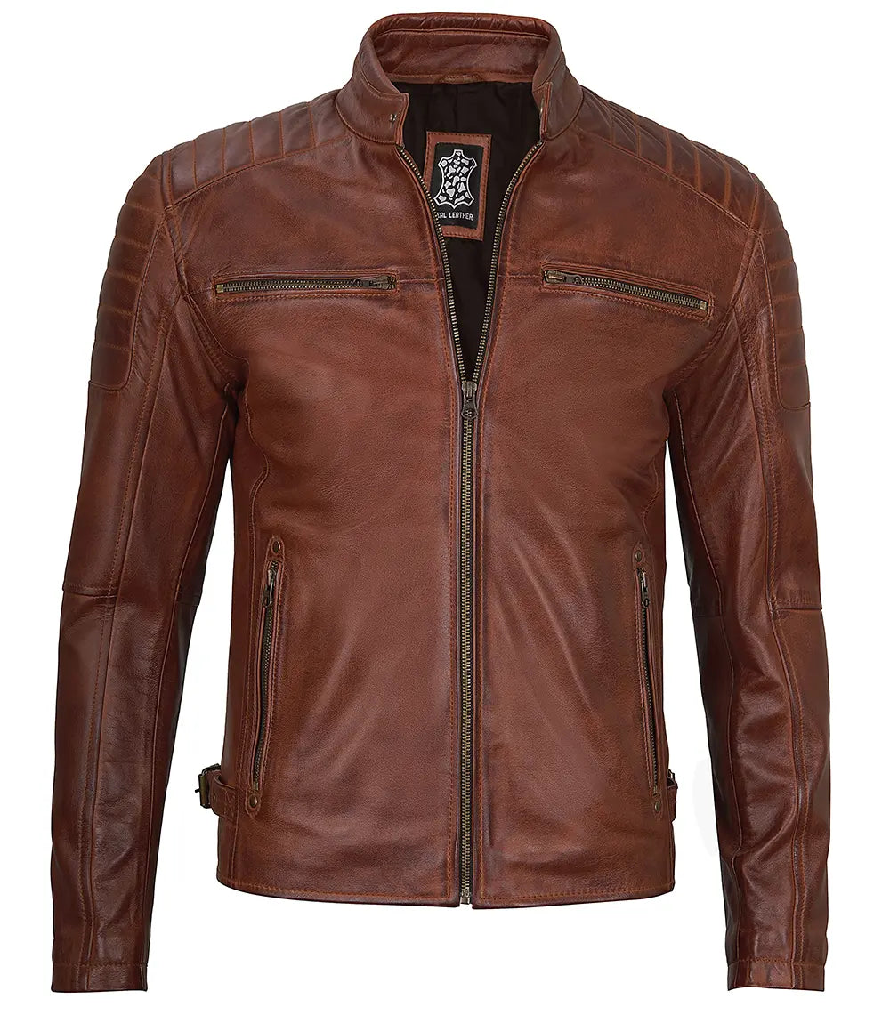 Felix Cognac Brown Cafe Racer Leather Jacket - Image 8