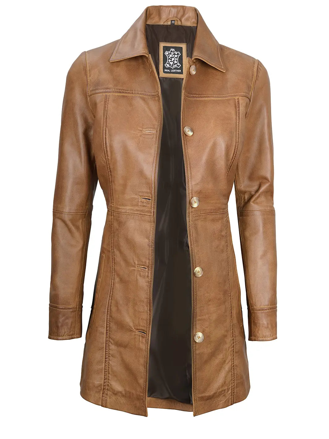 Kandis Womens Camel Brown Leather Car Coat - Image 4