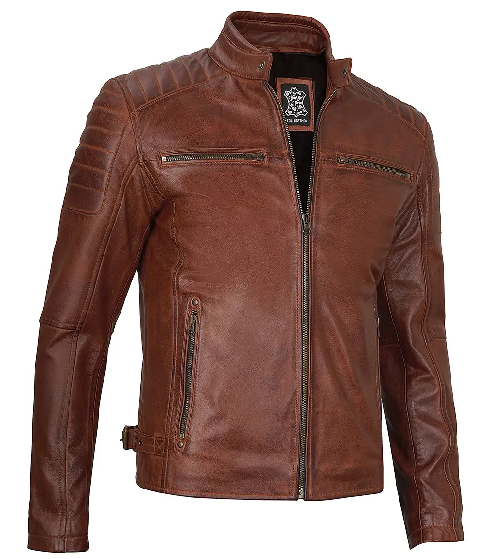 Felix Cognac Brown Cafe Racer Leather Jacket - Image 6