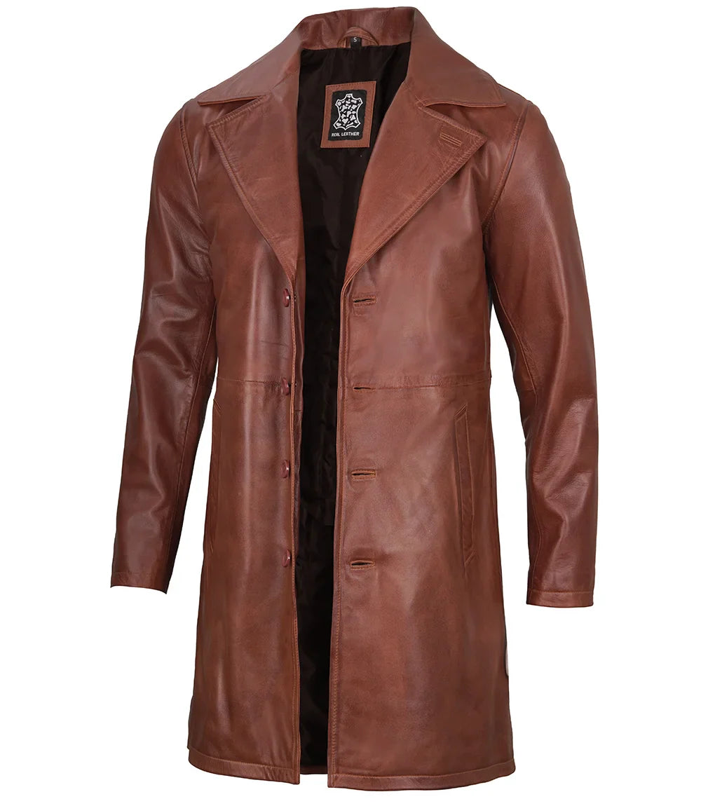 Bryson Cognac Wax Real Leather Car Coat