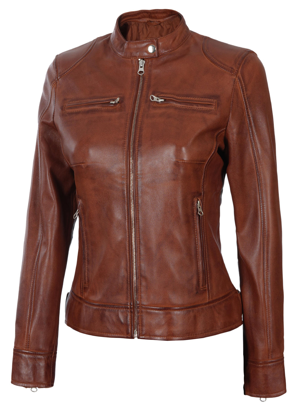 Dodge Womens Cognac Motorcycle Leather Jacket - Image 7
