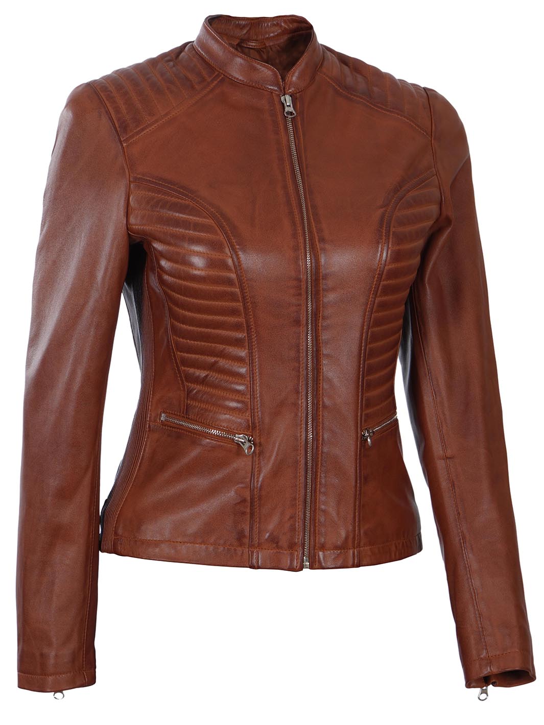 Rachel Women's Cognac Wax Biker Leather Jacket - Image 9