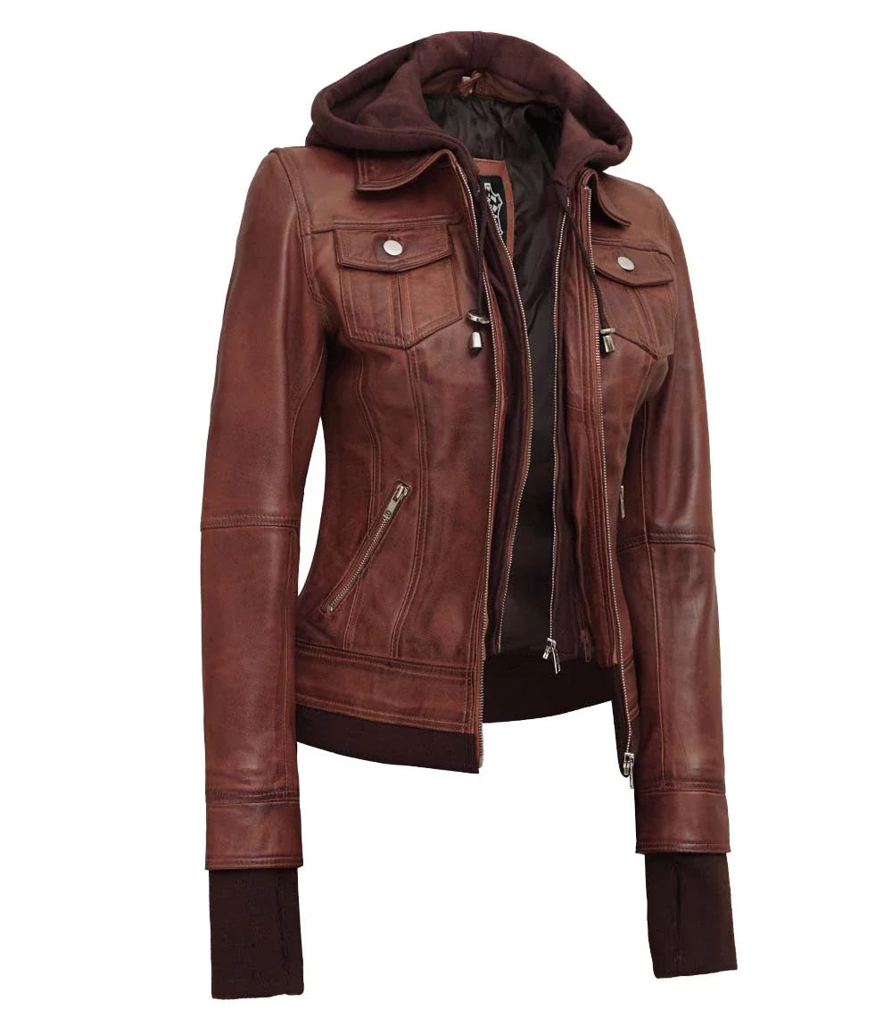 Dark Brown Women's Bomber Leather Jacket with Removable Hood - Image 6