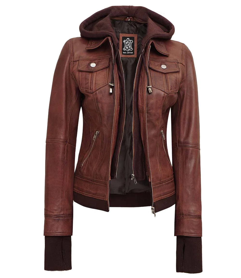 Dark Brown Women's Bomber Leather Jacket with Removable Hood - Image 5