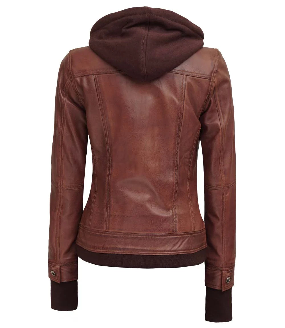 Dark Brown Women's Bomber Leather Jacket with Removable Hood - Image 2
