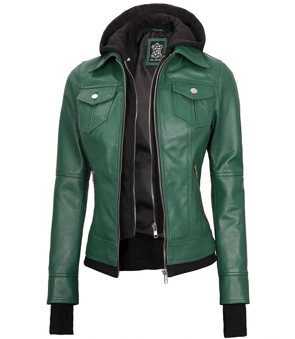 Womens Biker Green Leather Jacket with Hood