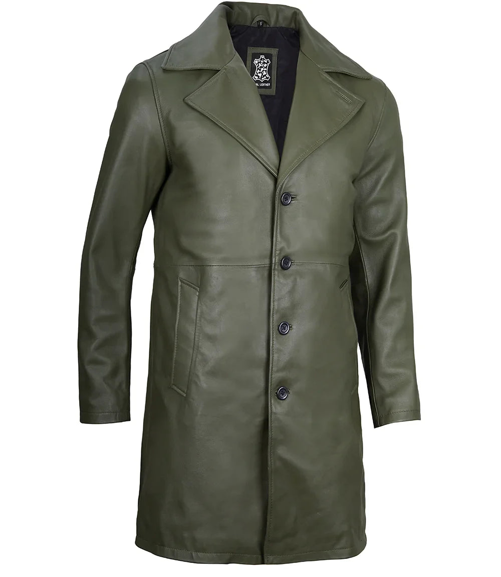 Bryson Military Green Leather Car Coat - Image 5