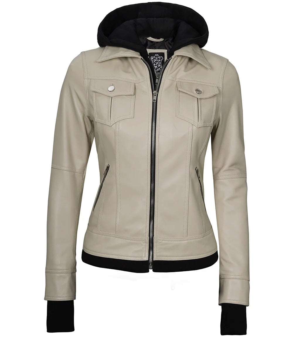Women's Beige Motorcycle Leather Jacket with Hood - Image 4