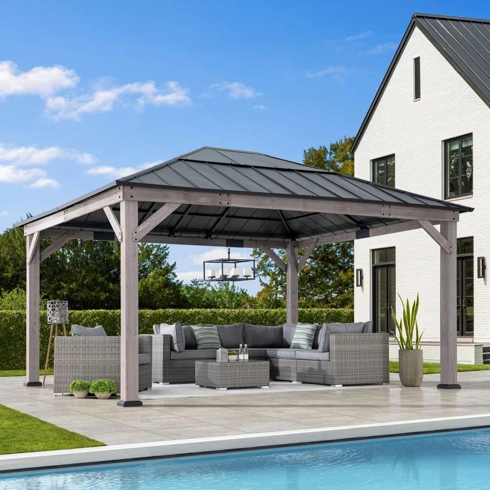 SUNJOY 13×15 Wooden Gazebo with Translucent Skylight and Ceiling Hook – Driftwood Cedar
