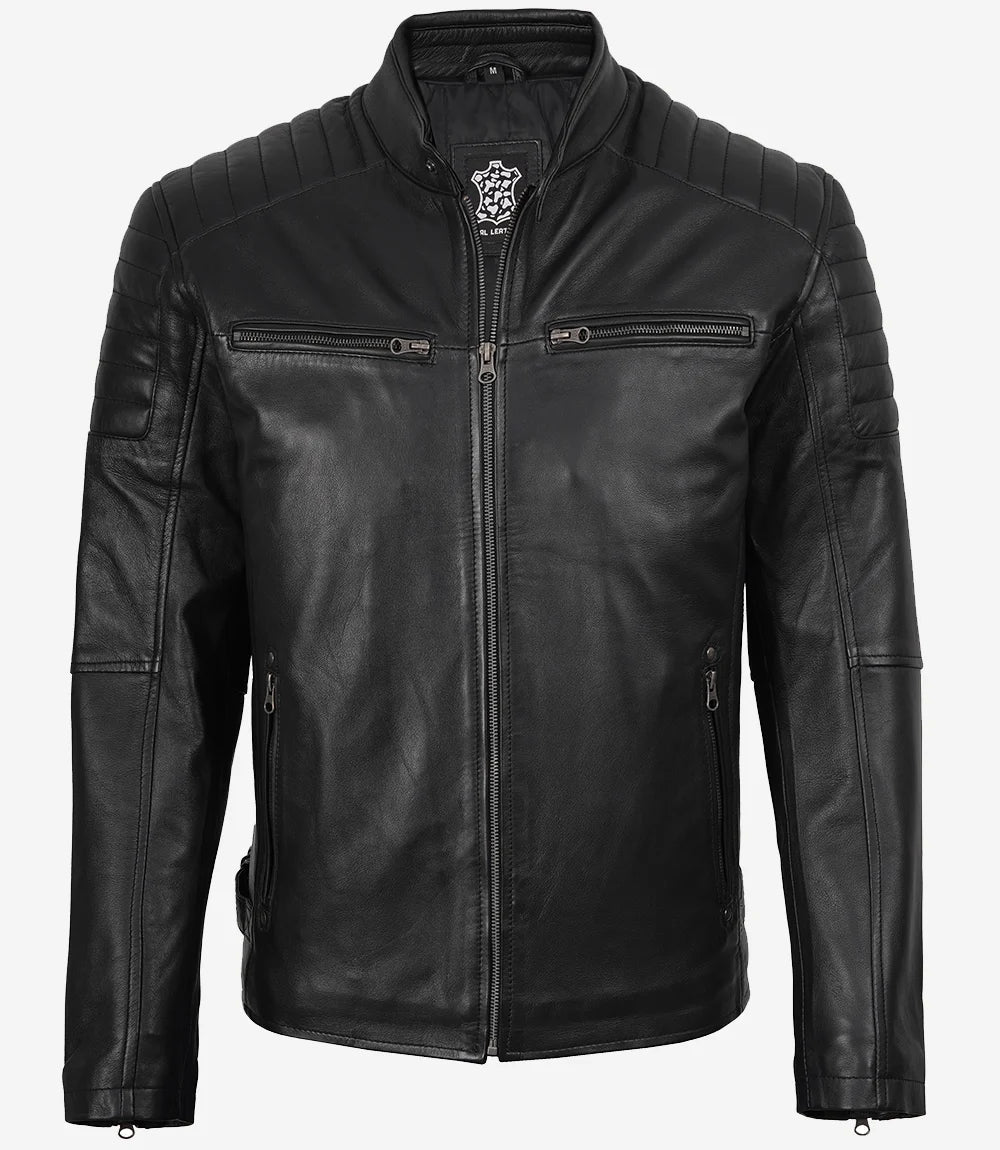 Men’s Real Leather Cafe Racer Jacket with Padded Shoulders - Image 6