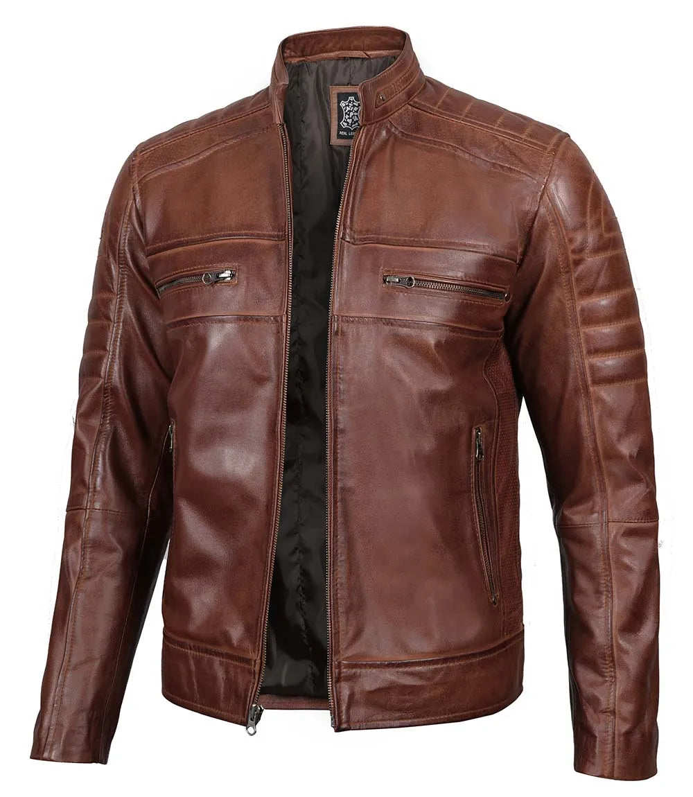 Austin Men Cognac Cafe Racer Leather Jacket