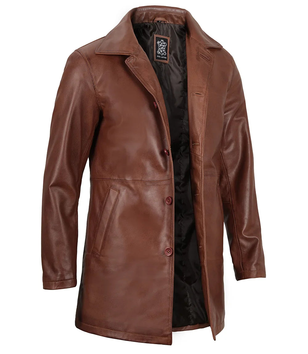 Mens Tan Brown 3/4 Length Leather Car Coat - Image 9