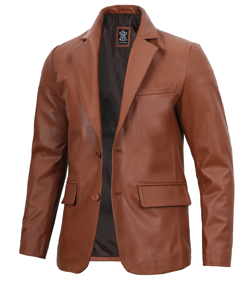 Mens Cognac Brown Real Leather Blazer