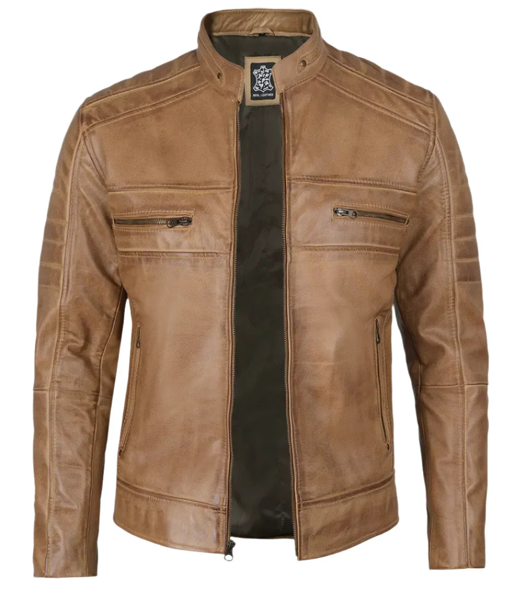 Austin Mens Distressed Tan Brown Cafe Racer Real Leather Jacket - Image 3