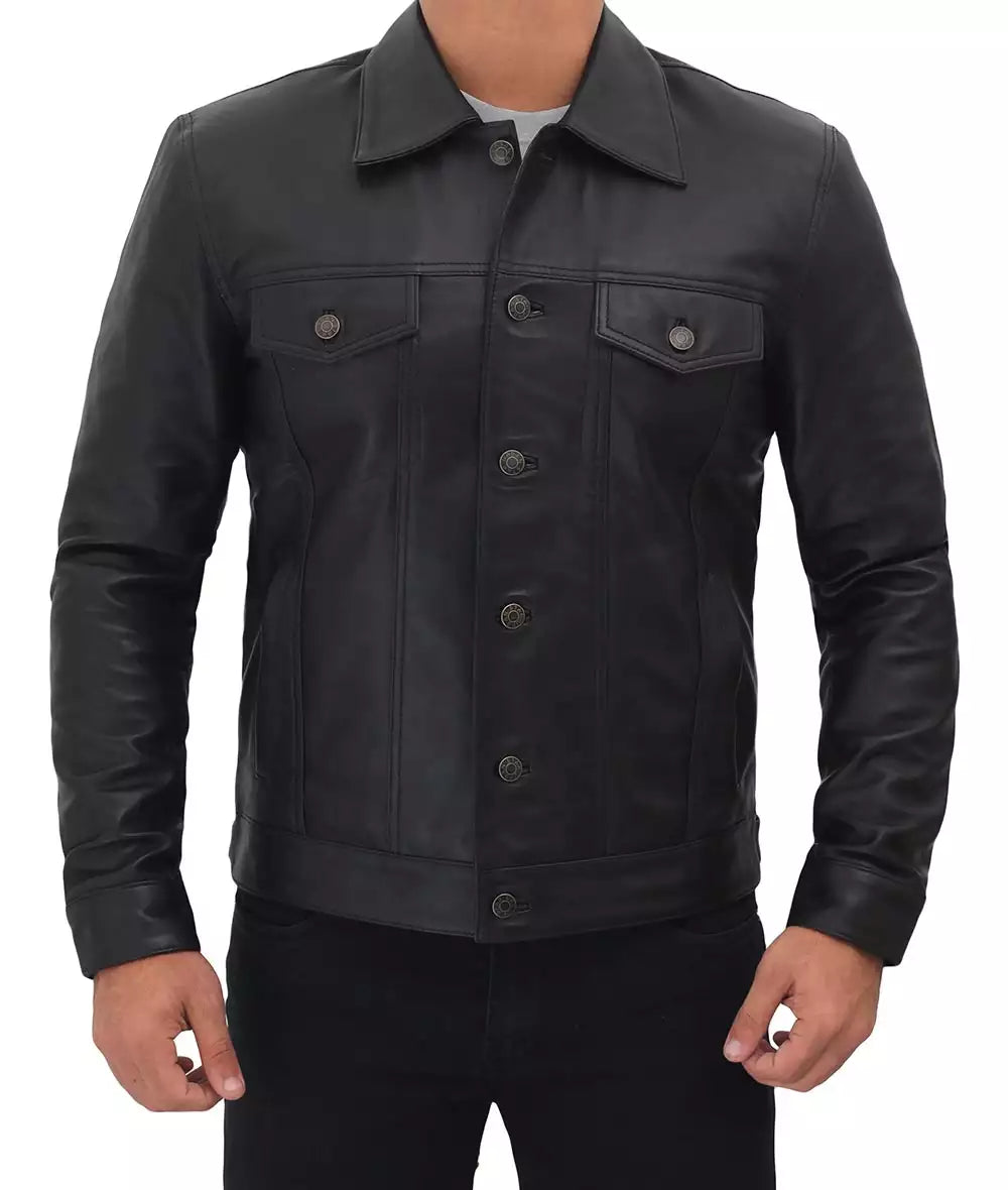 Fernando Mens Black Leather Trucker Jacket - Image 7