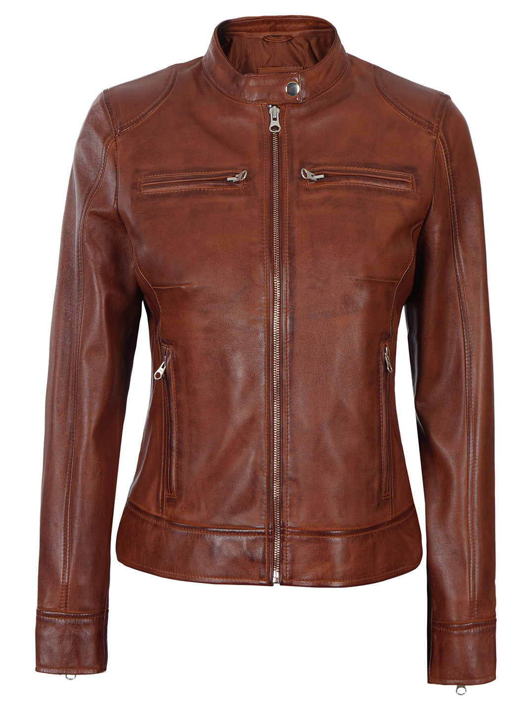 Dodge Womens Cognac Motorcycle Leather Jacket - Image 5