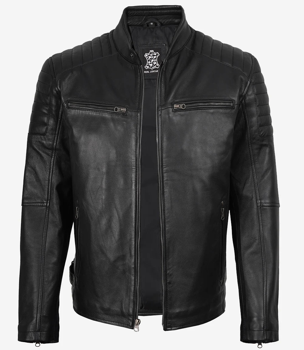 Men’s Real Leather Cafe Racer Jacket with Padded Shoulders - Image 5