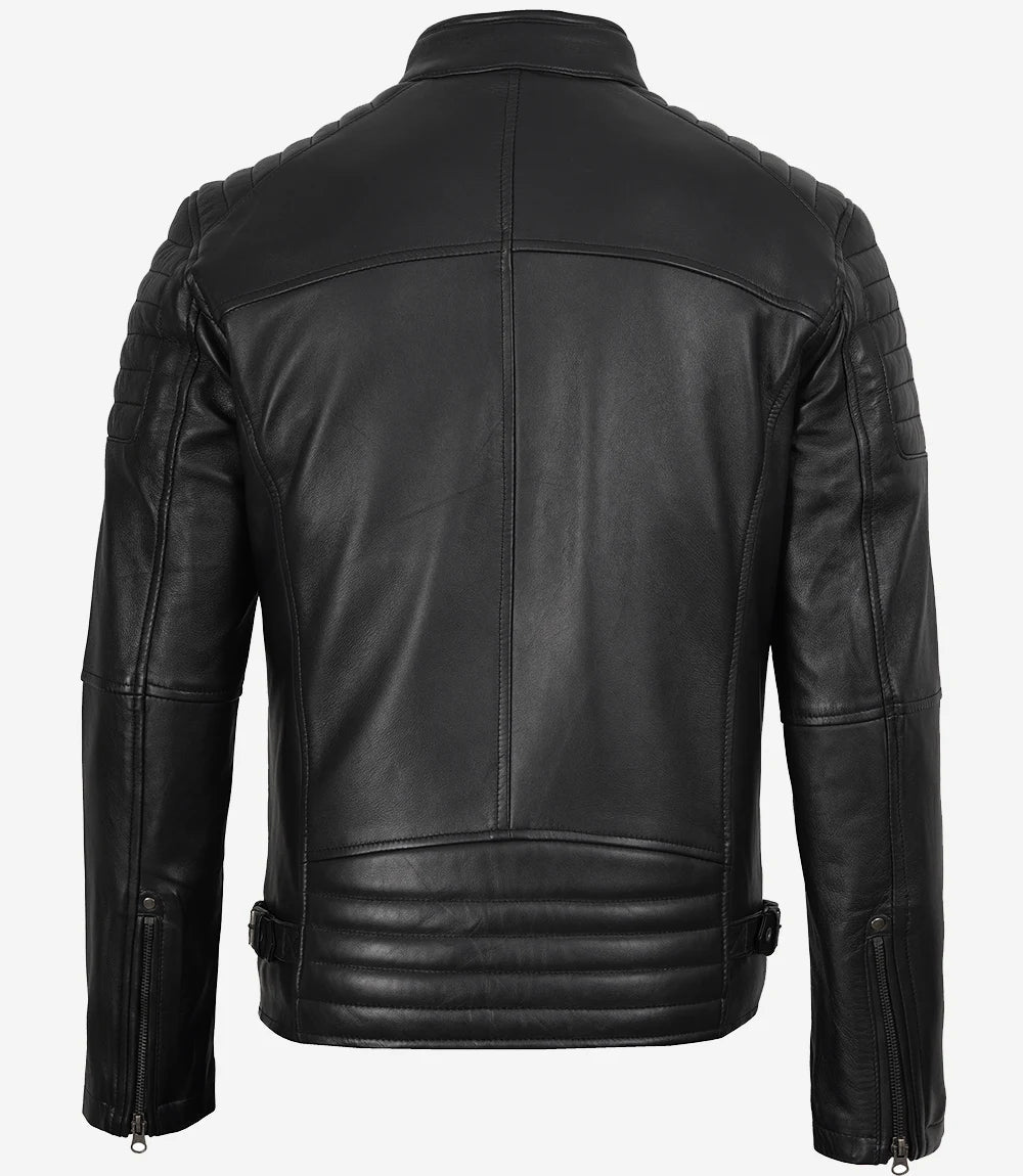 Men’s Real Leather Cafe Racer Jacket with Padded Shoulders - Image 3