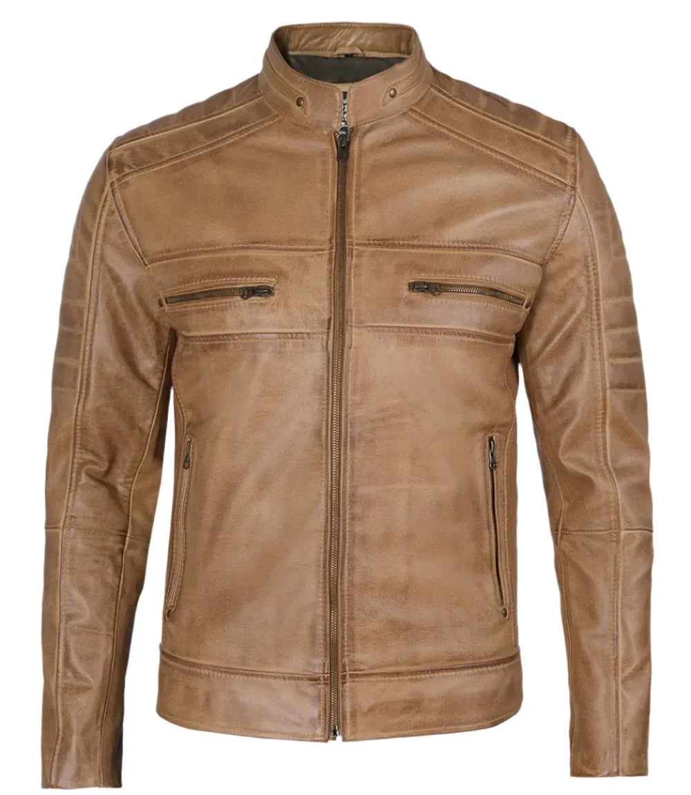 Austin Mens Distressed Tan Brown Cafe Racer Real Leather Jacket - Image 4