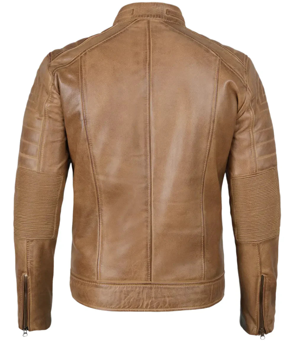 Austin Mens Distressed Tan Brown Cafe Racer Real Leather Jacket - Image 2