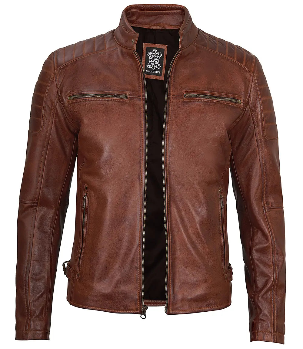 Felix Cognac Brown Cafe Racer Leather Jacket - Image 2