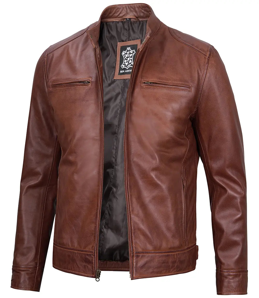 Tall Men's Cognac Brown Cafe Racer Leather Jacket