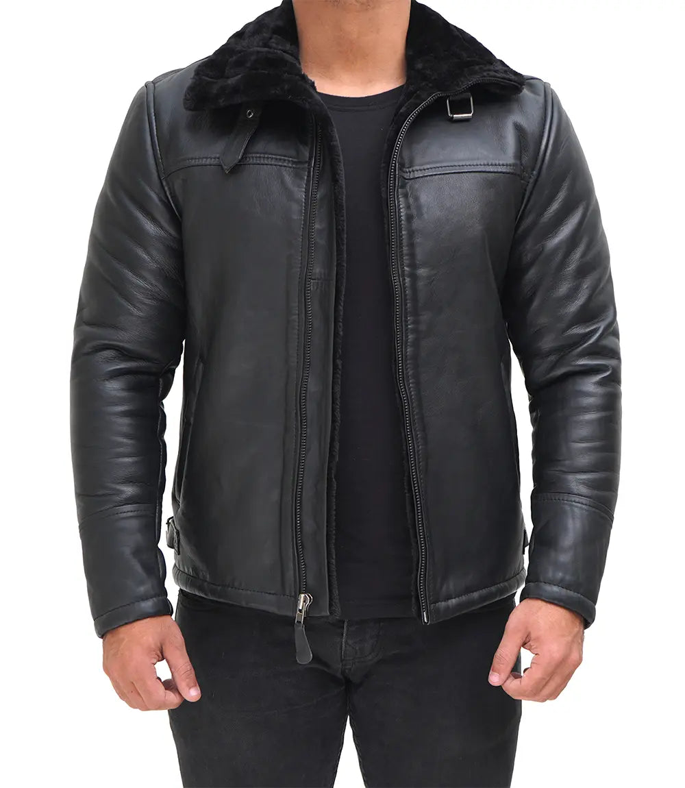 Mitchel Black Real Leather Mens Shearling Bomber Jacket