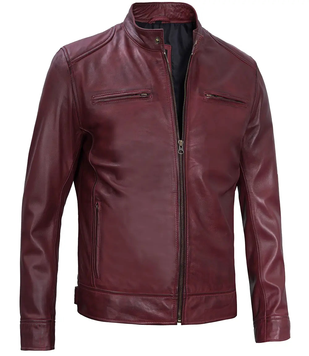 Dodge Men's Burgundy Cafe Racer Style Leather Jacket - Image 5